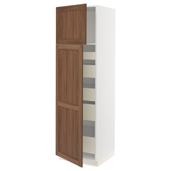 SEKTION / MAXIMERA High cb w 2 doors/shelves/5 drawers, white Enköping/brown walnut effect, 24x24x80 "