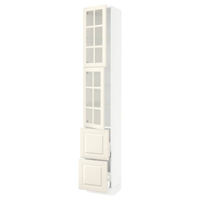 SEKTION / MAXIMERA High cb w 2 glass drs/2 drawers, white/Bodbyn off-white, 15x15x90 "
