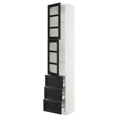 SEKTION / MAXIMERA High cb w 2 glass drs/3 drawers, white/Lerhyttan black stained, 18x15x90 "