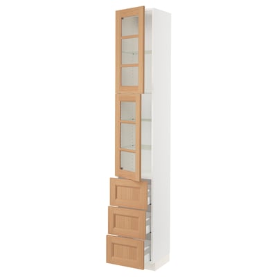 SEKTION / MAXIMERA High cb w 2 glass drs/3 drawers, white/Vedhamn oak, 15x15x90 "