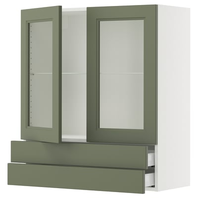 SEKTION / MAXIMERA Wall cab w 2 glass doors/2 drawers, white/Axstad gray-green, 36x15x40 "