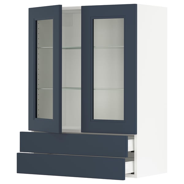 SEKTION / MAXIMERA Wall cab w 2 glass doors/2 drawers, white Axstad/matte blue, 30x15x40 "