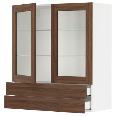 SEKTION / MAXIMERA Wall cab w 2 glass doors/2 drawers, white Enköping/brown walnut effect, 36x15x40 "