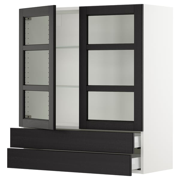 SEKTION / MAXIMERA Wall cab w 2 glass doors/2 drawers, white/Lerhyttan black stained, 36x15x40 "