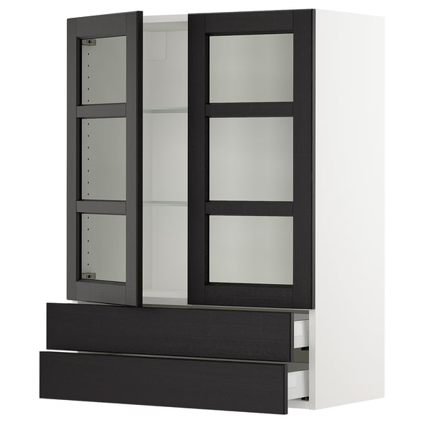 SEKTION / MAXIMERA Wall cab w 2 glass doors/2 drawers, white/Lerhyttan black stained, 30x15x40 "