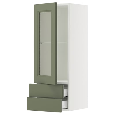 SEKTION / MAXIMERA Wall cabinet w glass door/2 drawers, white/Axstad gray-green, 15x15x40 "
