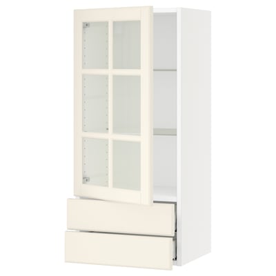 SEKTION / MAXIMERA Wall cabinet w glass door/2 drawers, white/Bodbyn off-white, 18x15x40 "