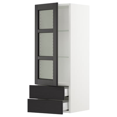 SEKTION / MAXIMERA Wall cabinet w glass door/2 drawers, white/Lerhyttan black stained, 15x15x40 "