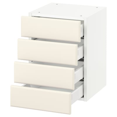 A white SEKTION kitchen cabinet with four bodbyn off-white drawers, each with bevelled edges. The cabinet offers a traditional kitchen look and feel.
