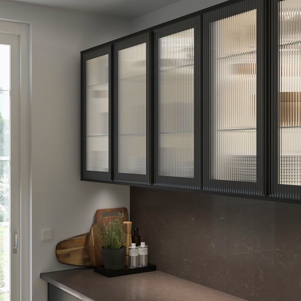 SEKTION Wall cab horiz gls door w push-open, white/Hejsta anthracite reeded glass, 30x15x15 "