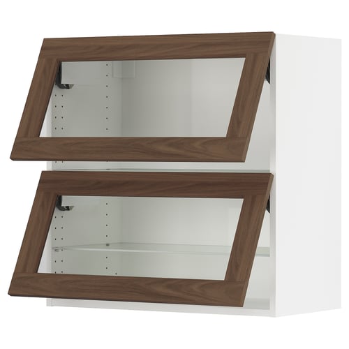 An ikea SEKTION kitchen cabinet with walnut finish and glass doors. It a sturdy white frame and mirrored inner doors.