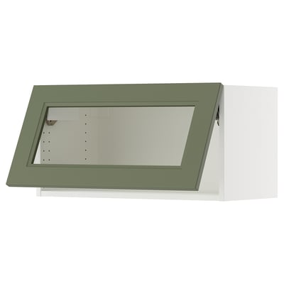 Green wall-mounted kitchen cabinet with glass door, modern design.