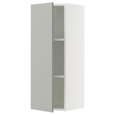 Grey kitchen cabinet, modern, single door, adjustable shelves.