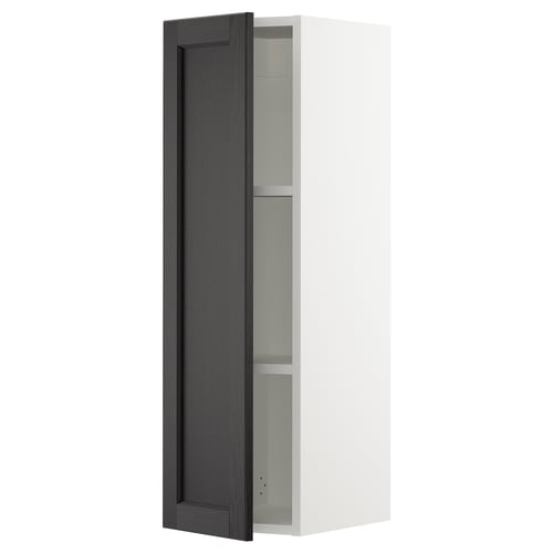 A SEKTION kitchen wall cabinet with a dark stained wooden door, featuring bevelled edges, and two adjustable shelves.
