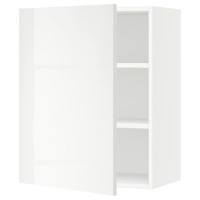 Modern white kitchen cabinet with glossy finish, two adjustable shelves, and soft-closing hinge.