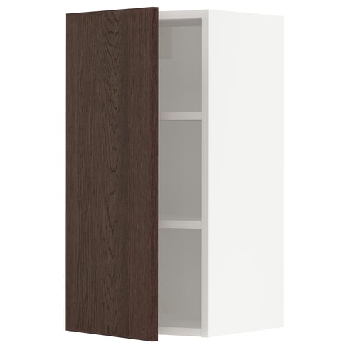 Modern kitchen cabinet with dark brown wood grain finish, adjustable shelves, and soft-close hinges.