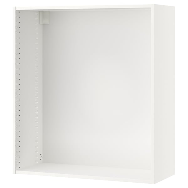 A white SEKTION wall cabinet from IKEA, featuring a rectangular shape and punctured metal side panels for adjustable shelving.
