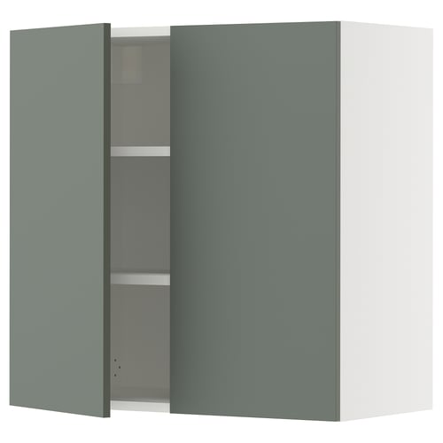 Modern grey-green kitchen cabinet with open door, adjustable shelves, recycled plastic fronts, sturdy construction.