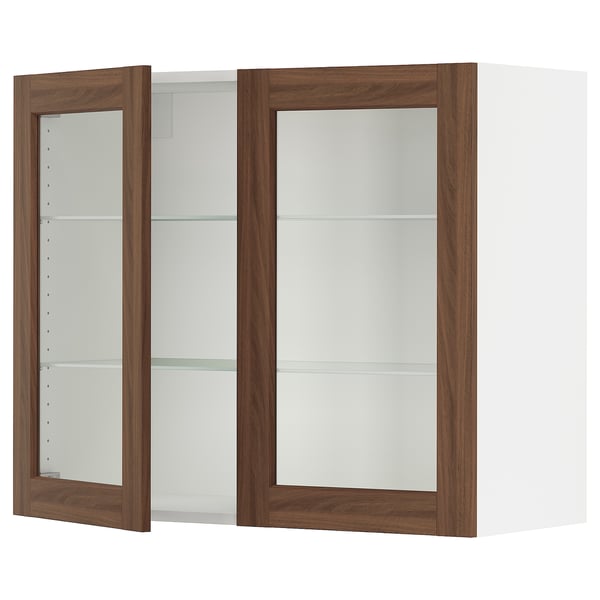 SEKTION Wall cabinet with 2 glass doors, white Enköping/brown walnut effect, 36x15x30 "