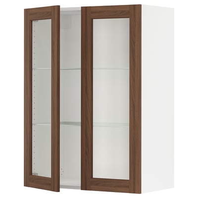 SEKTION Wall cabinet with 2 glass doors, white Enköping/brown walnut effect, 30x15x40 "