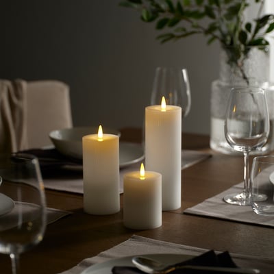 SILVERMÅS LED pillar candle, set of 3, battery operated white