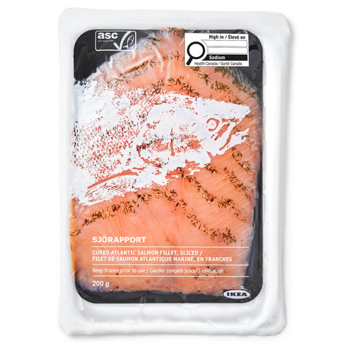 Ikea sjörraport: packaged cured atlantic salmon fillet, 200g, frozen, ready to defrost and serve.