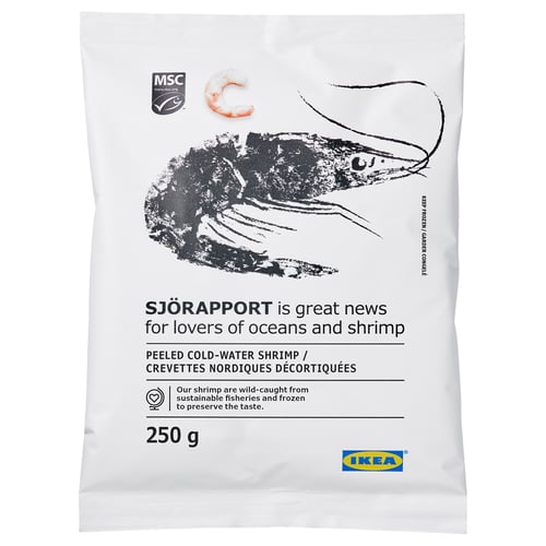 Ikea frozen shrimp pack, 250g. Msc certified, wild-caught, peeled. Ready for cooking or salad.