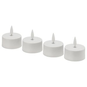Four white cylindrical led tealights in a line; modern, clean design.