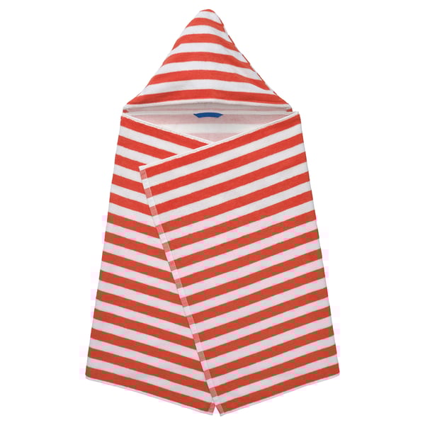 SKOGSSALLAT Towel with hood, red/white/striped, 28x55 "