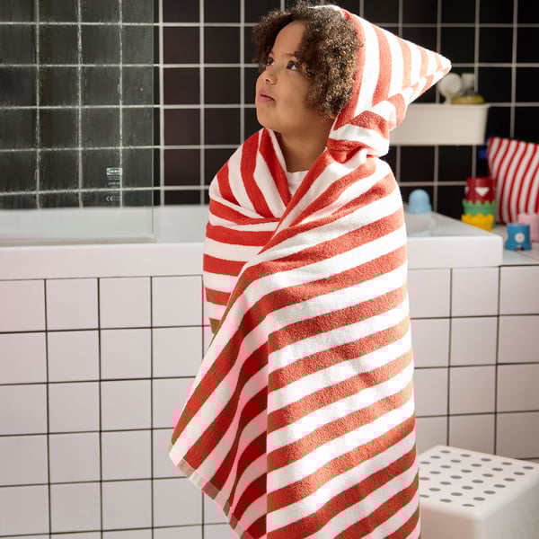 SKOGSSALLAT Towel with hood, red/white/striped, 28x55 "