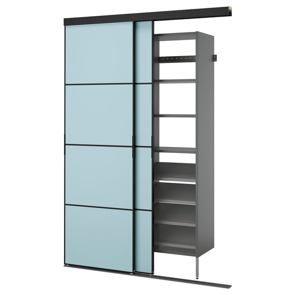SKYTTA / AURDAL Reach-in wardrobe with sliding door, black dark gray/Mehamn light blue, 59 7/8x25 5/8x94 1/2 "