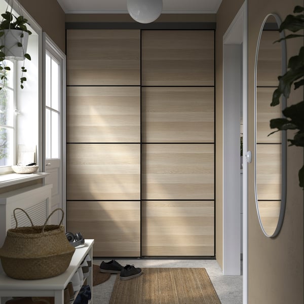 SKYTTA / AURDAL Reach-in wardrobe with sliding door, black Mehamn/white stained oak effect dark gray, 59 7/8x25 5/8x94 1/2 "