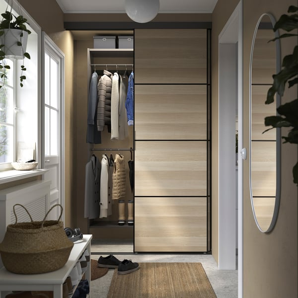 SKYTTA / AURDAL Reach-in wardrobe with sliding door, black Mehamn/white stained oak effect dark gray, 59 7/8x25 5/8x94 1/2 "