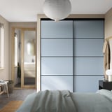 SKYTTA / AURDAL Walk-in wardrobe with sliding doors, black dark gray/Mehamn light blue, 79 1/2x45 1/4x94 1/2 "