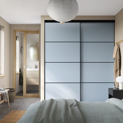 SKYTTA / AURDAL Walk-in wardrobe with sliding doors, black dark gray/Mehamn light blue, 79 1/2x45 1/4x94 1/2 "