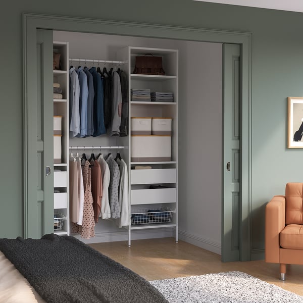 SKYTTA / AURDAL Walk-in wardrobe with sliding doors, white white/Mehamn light green, 89x47 1/4x94 1/2 "