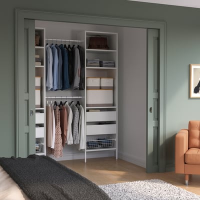 SKYTTA / AURDAL Walk-in wardrobe with sliding doors, white white/Mehamn light green, 89x47 1/4x94 1/2 "