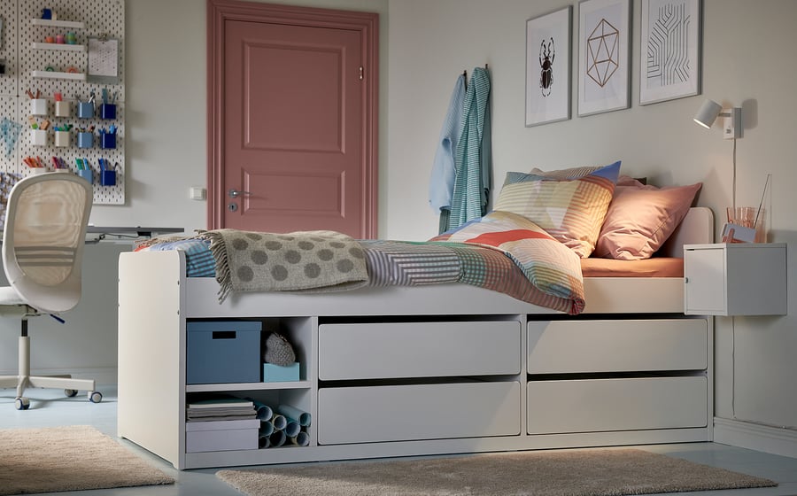 SLÄKT bed frame w/storage+slatted bedbase, white, Twin IKEA CA