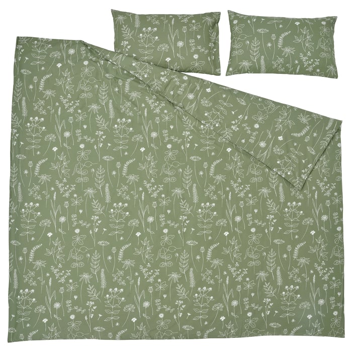SLÅNGULDMAL Duvet cover and pillowcase(s) green/floral pattern IKEA CA