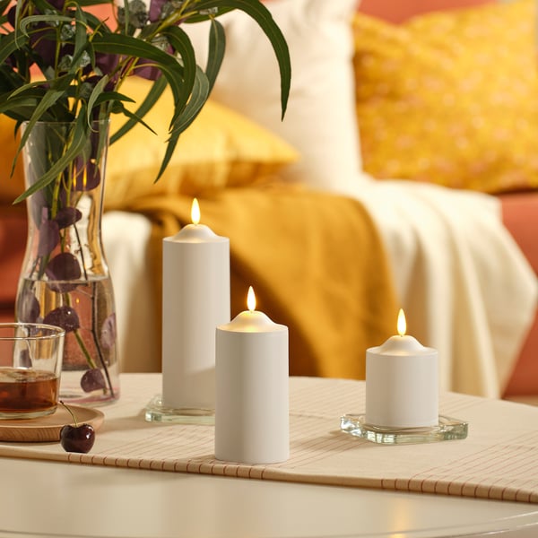 SMÅLOM LED pillar candle, battery operated white, 3 1/2 "