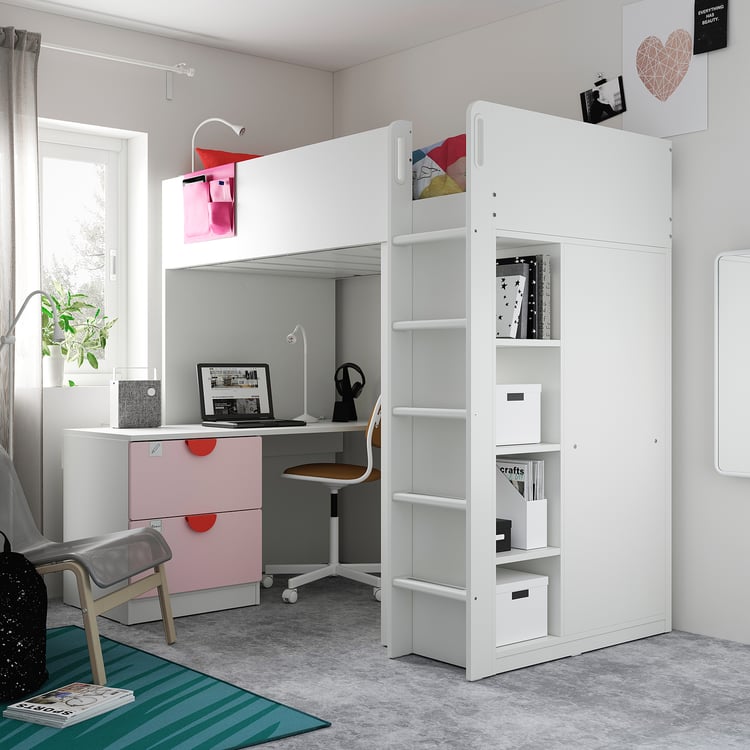SMÅSTAD Loft bed, white pale pink/with desk with 3 drawers, Twin