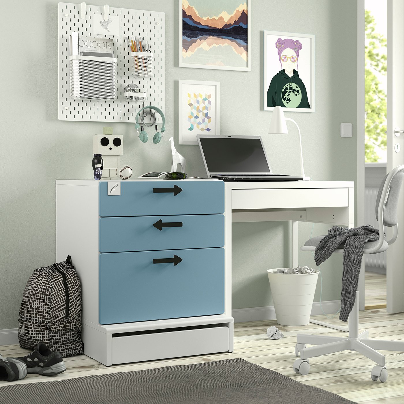 SMÅSTAD / UPPFÖRA 3-drawer chest, white/blue, 60x65x76 cm (235