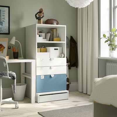 SMÅSTAD / UPPFÖRA Bookcase, white blue/with 3 drawers, 23 5/8x25 5/8x53 1/2 "