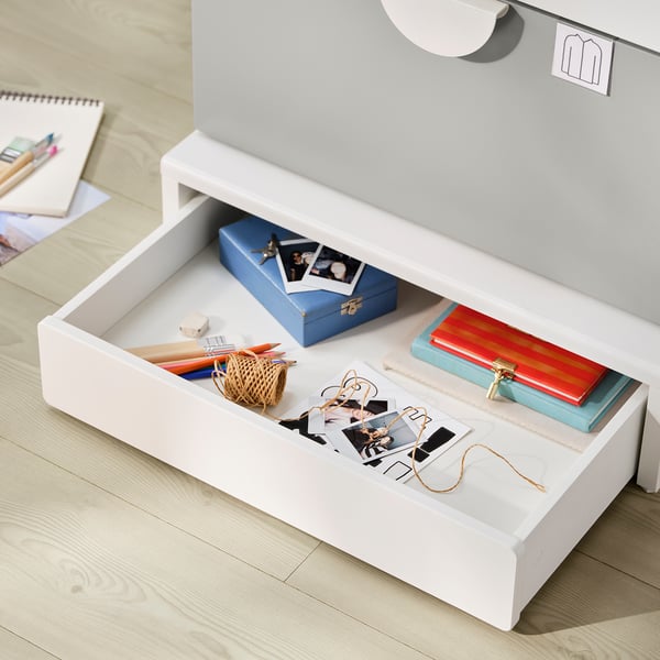 SMÅSTAD / UPPFÖRA Bookcase, white gray/with 3 drawers, 23 5/8x25 5/8x53 1/2 "