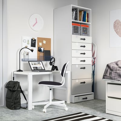 SMÅSTAD / UPPFÖRA Bookcase, white gray/with 6 drawers, 23 5/8x25 5/8x77 1/8 "