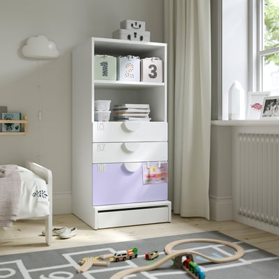 SMÅSTAD / UPPFÖRA Bookcase, white lilac/with 3 drawers, 23 5/8x25 5/8x53 1/2 "