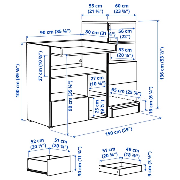 SMÅSTAD / UPPFÖRA Changing table, white with frame/with bookcase, 59x31 1/2x53 1/2 "
