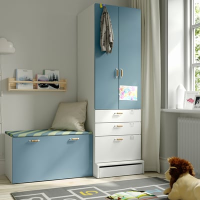 SMÅSTAD / UPPFÖRA Storage combination, white blue/with bench, 59x25 5/8x77 1/8 "