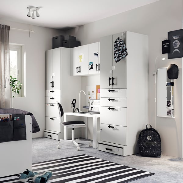 SMÅSTAD / UPPFÖRA Storage combination, white/gray, 94 1/2x25 5/8x77 1/8 "