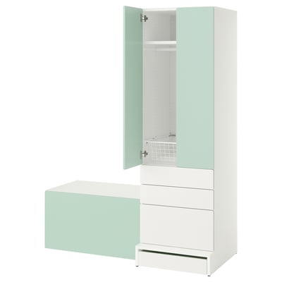 SMÅSTAD / UPPFÖRA Storage combination, white light green/with bench, 59x25 5/8x77 1/8 "